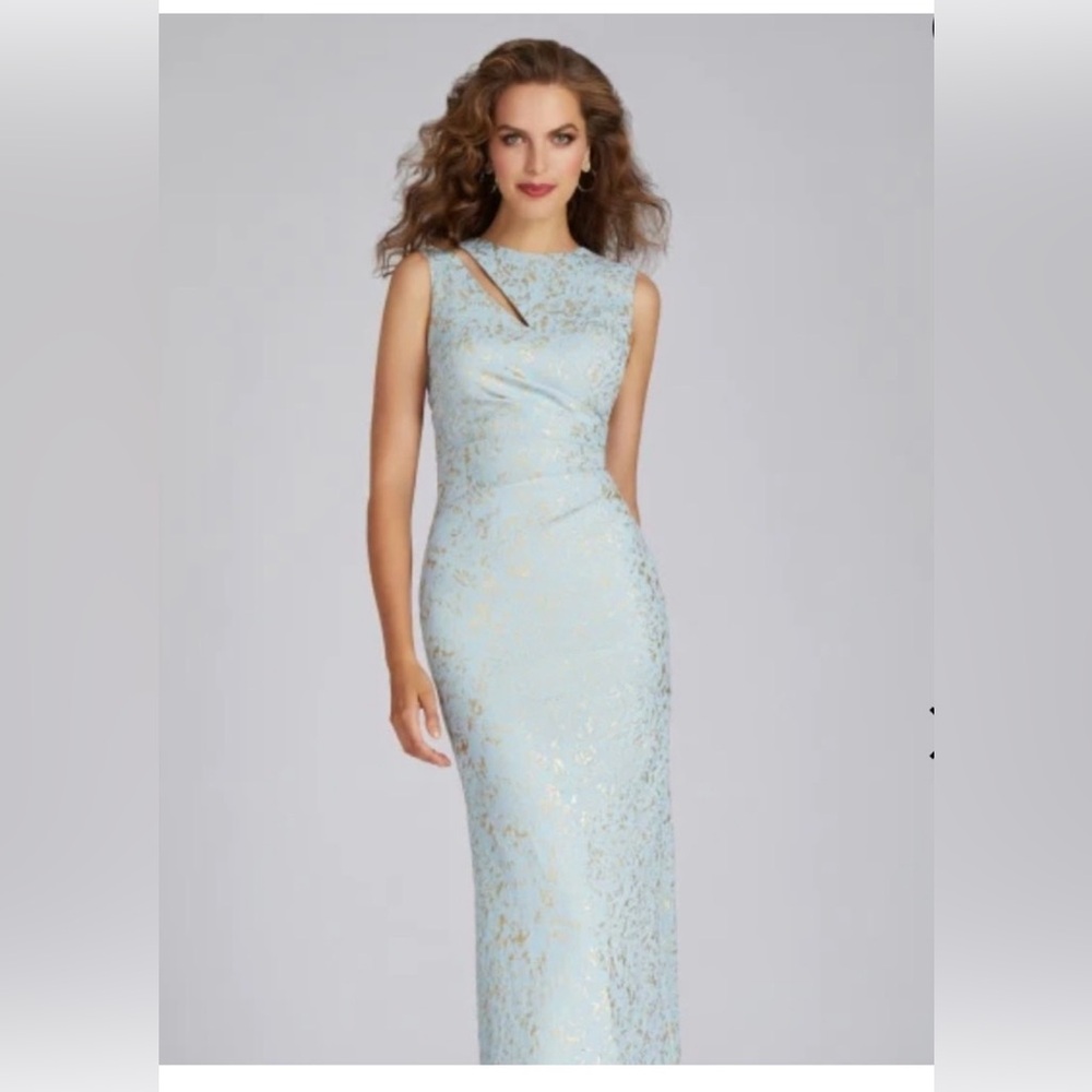 Teri Jon Light Blue and Gold Metallic Gown